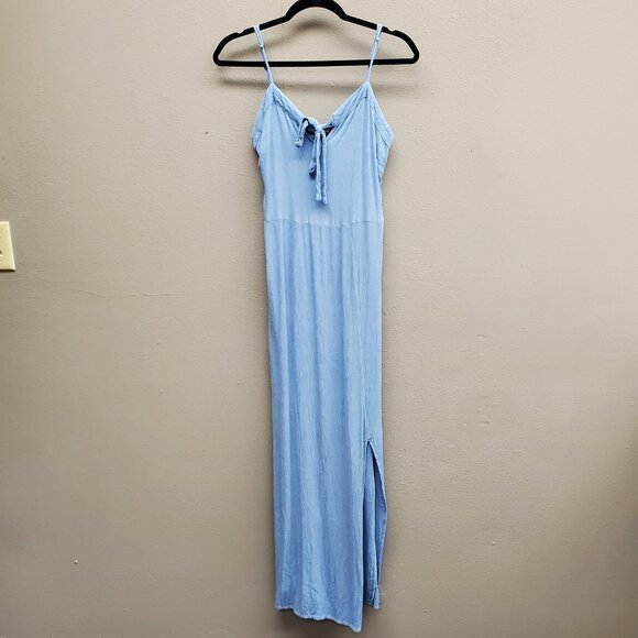 Belle Tweed Dress Womens Large Blue Maxi Spaghetti Strap Tie Front Slit Rayon - Picture 1 of 8